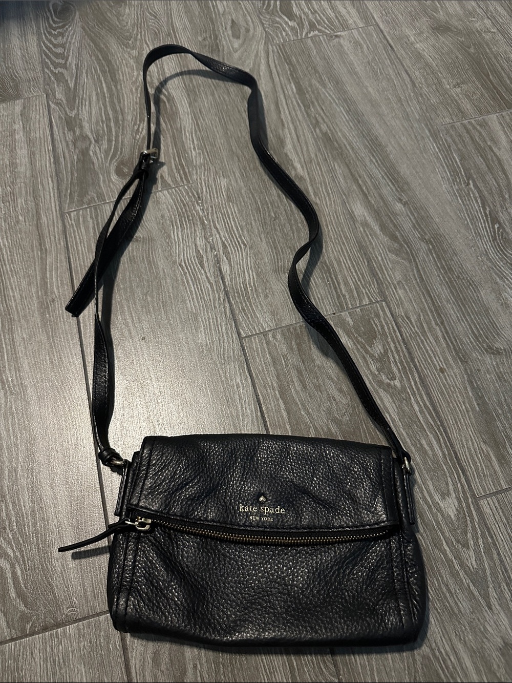 kate spade Black Pebbled Leather Fold-Over Crossbody with Front Zip Pocket
